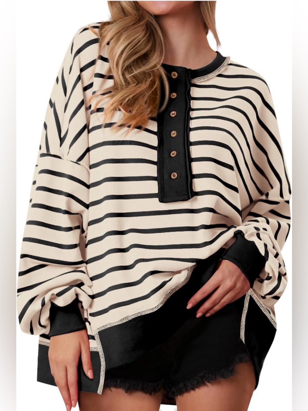 Striped Button Oversized Henley Pullover Sweater - Cream/Black